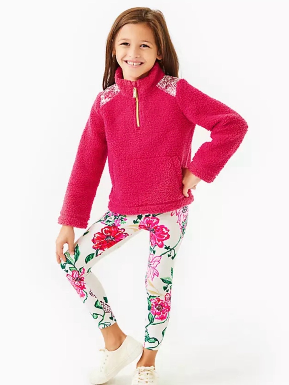 Lilly Pulitzer Girls Wallen Half-zip Sherpa Raspberry Rogue Sweatshirt XS 2t